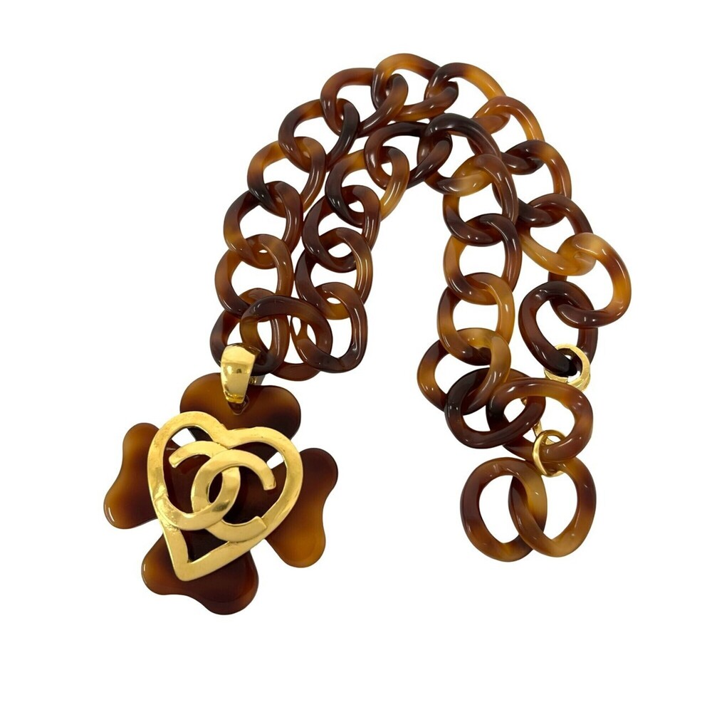 CHANEL Coco Mark Tortoiseshell Chain Necklace, Plastic GP, Brown, 33162
